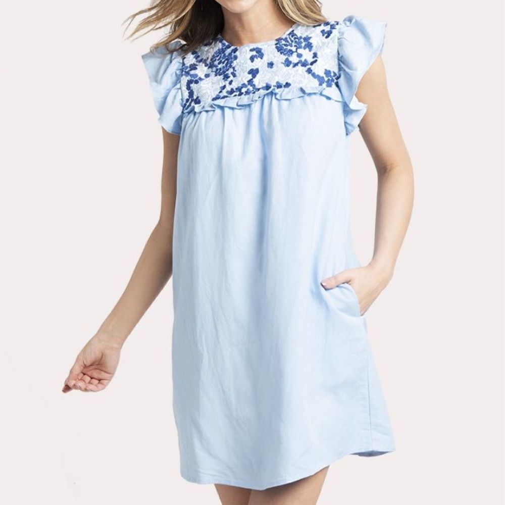 J.Marie Palmer Blue Dress with Floral Embroidery with Pockets in Size Small